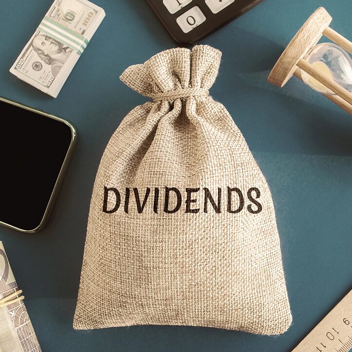Money Bag With The Word Dividends. Payment Made By A Corporation
